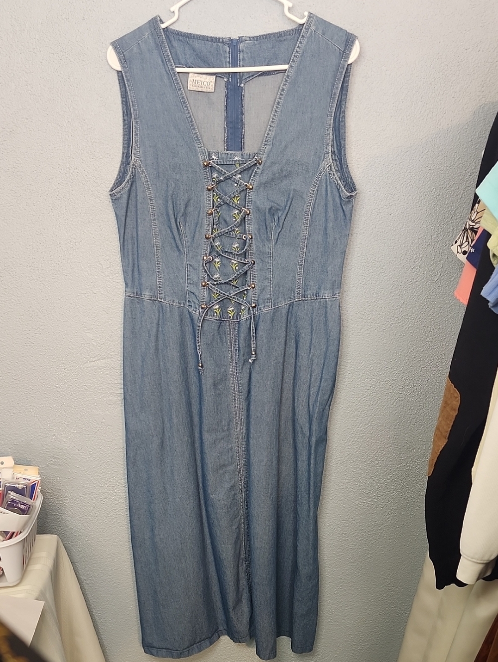 Meico Vintage Denim Lace-Up Maxi Dress in Light Blue